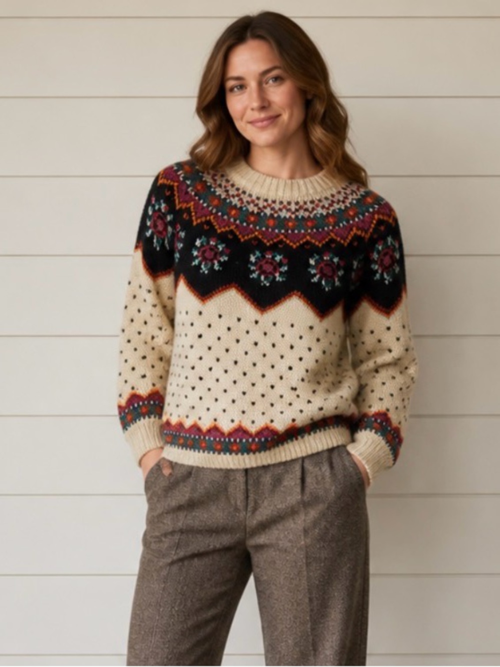 Handmade Floral Nordic Patterned Knit Sweater - Picture 1 of 9
